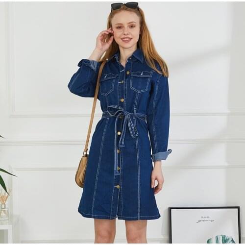 Denim Dresses Spring Woman Vintage Single-breasted Cowboy Dress with Belt Long Sleeves Turn-down Collar Split Jeans Dress Femme