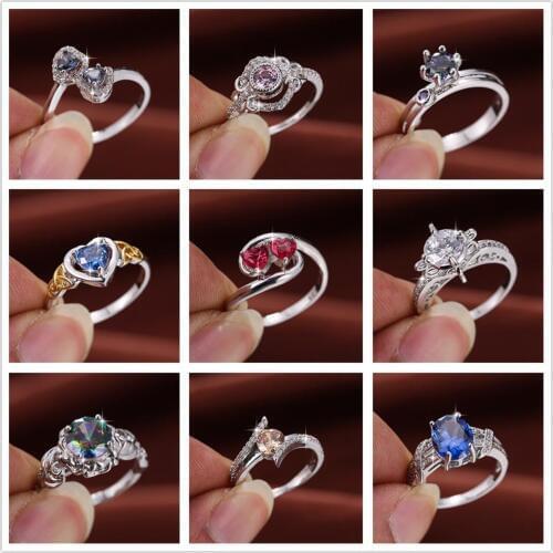 Lingmei Wholesale Love Heart Wedding Rings Rainbow Blue Zircon Silver Ring Size 6 7 8 9 Exquisite Chic Engagement Jewelry Women
