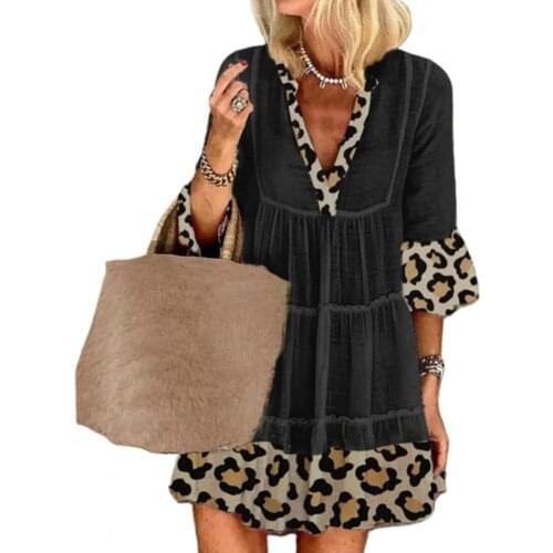 2021 Women Summer Dress V Neck Leopard Patchwork Ladies 3/4 Sleeve Plus Size Dresses Vestidos