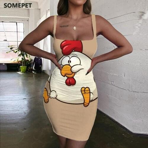 SOMEPET Chickens Dress Women Animal Halter Sleeveless Lovely 3d Print Harajuku Vestido Sexy Womens Clothing Mini Evening Beach