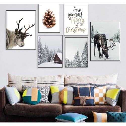 Winter Scene Forest Cabin Canvas Painting Wall Art Nordic Posters and Prints Wall Pictures for Living Room Decoration Frameless