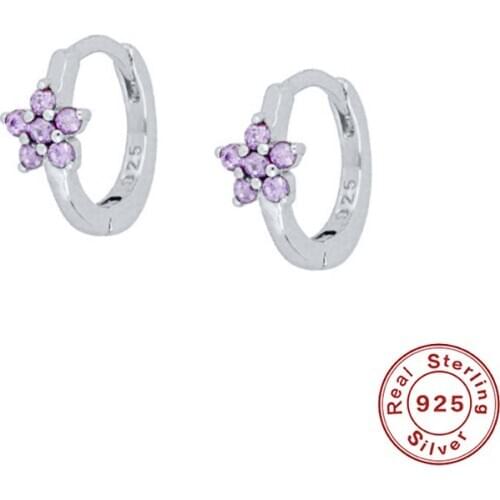 GS Delicate Purple Rhinestone Flower Hoop Earrings Korean Crystal Loops Ear Ring Pendientes Oorbellen 925 Sterling Silver