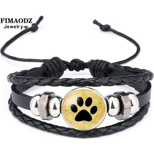 FIMAODZ Cute Animal Paw Print Bracelet Cat Dog Paw Glass Gem Charm Colorful Leather Bracelets for Women Kids