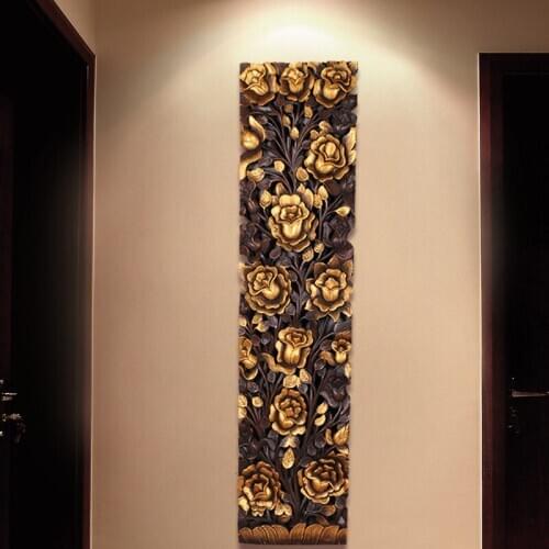 Thai Teak Wood Carving Solid Wood Drawing Gold Rose Flower Carving Board Southeast Asian Thai Soft Decoration Tv Background Wall