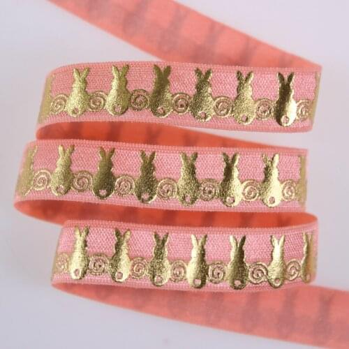 5/8" 15mm gold foil bunny printed fold over elastic #238 Lt. Coral for hair tie, 100yards/lot