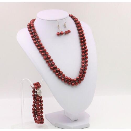 Hot 2rows 8mm Round Beads Imitation Shell Pearl Necklace 17-18Inch Bracelet 7.5Inch Earrings Women Jewelry Set Girls Gifts Y106