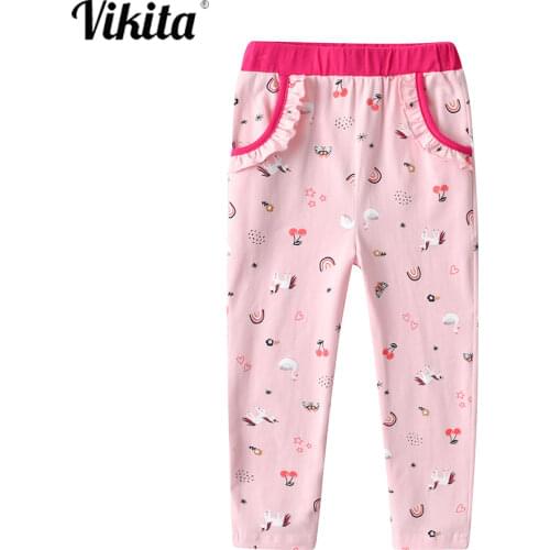 VIKITA Girl Leggings Unicorn Cartoon Print Trousers Kids Cotton Pants Baby Girls Clothes Skinny Children Leggings with Pockets