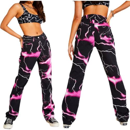 2021 New Women Lightning Print Jeans, Adults Color Block Trousers with Pocket Belt Loop Fashion (Pink Purple)