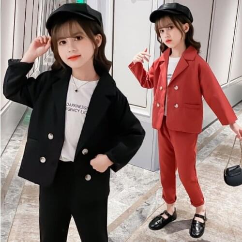 Autumn Kids Outfits Blazer Jacket + Pants 2PCS Suit for Girls Formal Wedding Sets School Children Clothes Tracksuit 3-12 Year