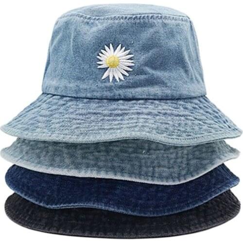 Autumn Women Men solid Daisy Flower Embroidered Fisherman Hats Washed Demin Panama Casp Outdoor Leisure Sport Bucket Hat