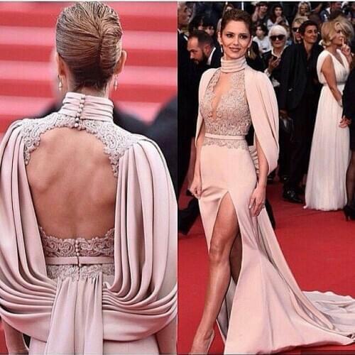 Sexy Long HIgh Neck Pink Lace Celebrity Dresses Mermaid Chiffon Robe De Soiree Floor Length Side Slit Formal Dresses for Women