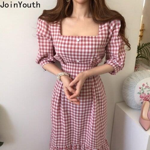 Joinyouth Women Dress Korean Chic Vintage Clothes Sexy Square Collar Ruffles Robe Slim Fit Puff Sleeve Vestidos Plaid Dresses
