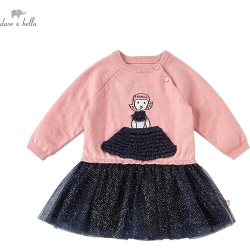 DB18886 dave bella winter baby girls cute cartoon mesh sweater dress children fashion party dress kids infant lolita clothes