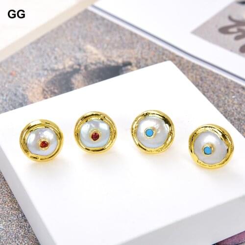 GuaiGuai Jewelry Red Blue Crystal 16mm Freshwater White Coin Pearl 24 K Golden Plated Cz Earrings