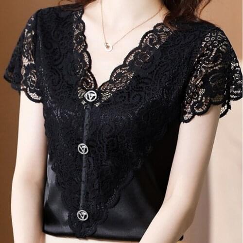 2021 Summer Womens Fashion V-neck Lace Sewing Short Sleeve Short Sleeve Top Korean White Shirt Female