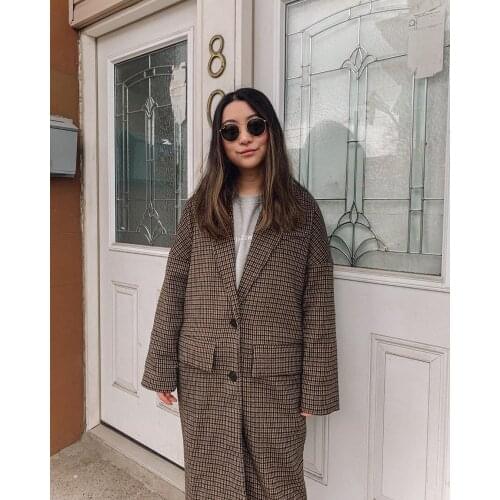 Womens fashion retro houndstooth woolen coat casual temperament two-button mid-length woolen coat trend