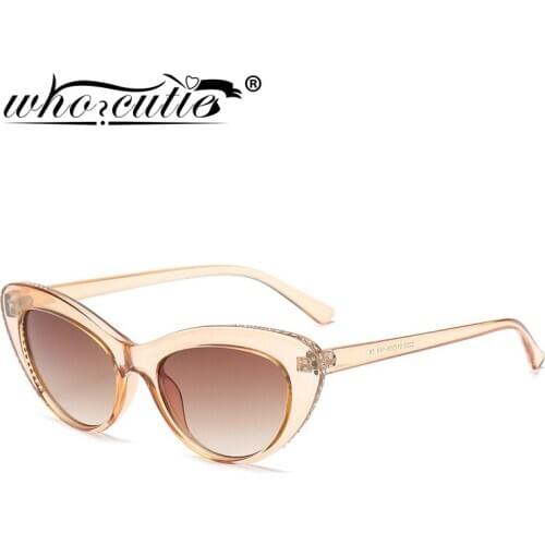WHO CUTIE Rhinestone Cat Eye Sunglasses Female Brand Design 2020 Vintage Light Tea Crystal Frame Cateye Sun Glasses Women S398