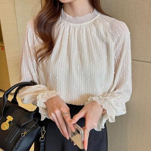Chikichi Ladies Chiffon Top Female 2021 Autumn New Sweet French Simple Fashion Thin Lace Horn Long Sleeve Shirt Pullover