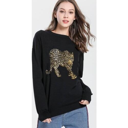 Brand Design Women Winter Leopard Print Embroidery Sequin O-Neck Sweater Black Fashion Vintage Pullover Runway New Clothes 2021