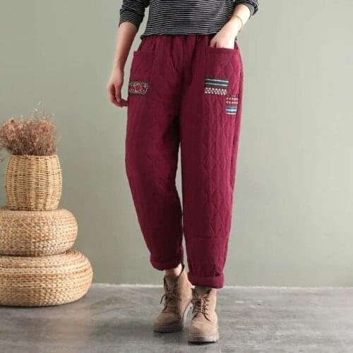 Winter Vintage Harem Pants Women Quilted Thickened Warm Baggy Plus Size Cotton Trousers Fall Retro Diamond Ethnic Style Pants