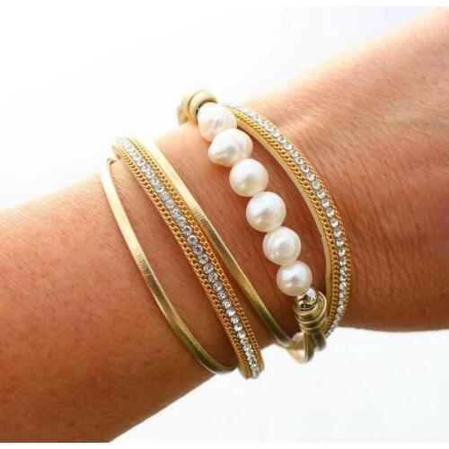 ZWPON 2019 Magnet Clasp Faux Baroque Pearl PU Leather Wrap Bracelets Bangles for Women Fashion Multi Layered Rhinestone Bracelet