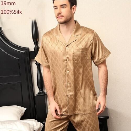 19MM Real 100% Silk Pajamas Men Suit Sleepwear spring summer Shirt Short sleeve Gold Color Solid Men 100% Silk Pajamas