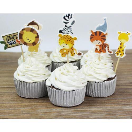 24pcs/set Animal World Cake Inserted Card with Toothpick Cake Decoration Safari Cake Toppers for Wedding Birthday Party Gift