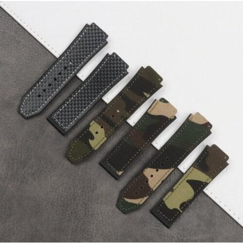 25*19mm Army green black real leather Nature rubber silicone strap watchband for Hublot strap for Fusion 44mm Logo watch band