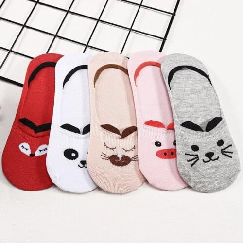 5 Pairs New Harajuku Women Socks Funny Cute Cartoon Kawaii Animals Happy Slip Invisible Cotton Summer Socks