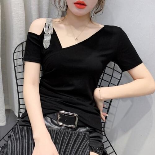 #5985 Black White Yellow Leopard T Shirt Women V Neck Sexy Off Shoulder T Shirt Female Short Sleeve Cotton Asymmetrical Top