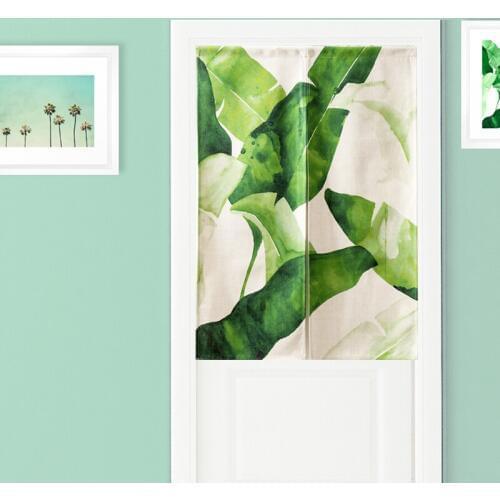 Tropical plants Watercolor green leaves modern Door Curtain Linen Tapestry Study Bedroom Home Decor Bedroom Kitchen Curtain