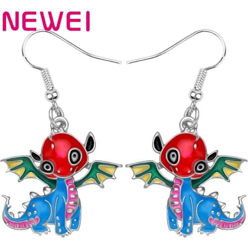 Newei Enamel Alloy Flying Dinosaur Dragon Earrings Big Eyes Wings Magic Animal Dangle Drop Jewelry For Women Kids Trendy Gift