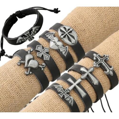 Punk Rock Fashion Black Genuine Leather Bracelet for Men Women Retro Cross Heart Wing Charm Wrap Bangle Wristband Gothic Jewelry