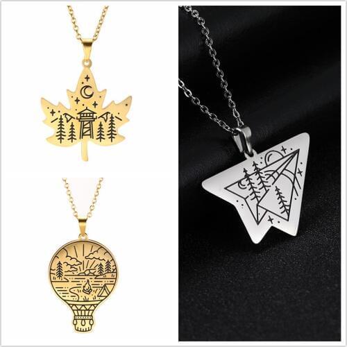 Skyrim Fashion Maple Leaf Lamp Paper Plane Pendant Necklace Women Stainless Steel Golden Choker Chain Necklaces Jewelry Gift