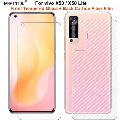 For vivo X50 / Lite 1 Set = Soft Back Carbon Fiber Film + Ultra Thin Premium Tempered Glass Front Screen Protector