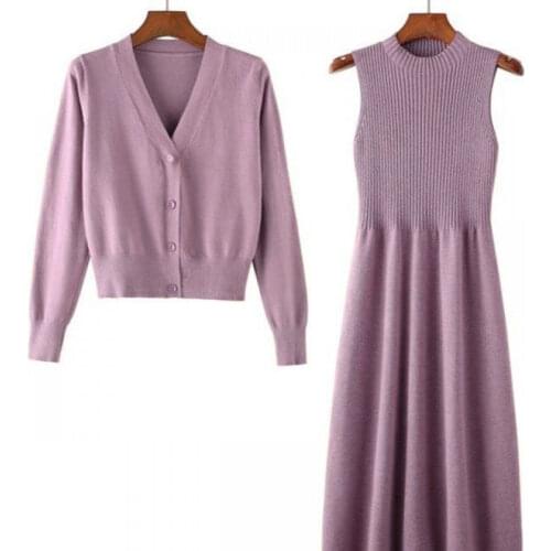 Elegant Knitted 2 Piece Set Women Long Sleeve Slim Waist Sweater and Sleeveless Long Dress Female Korean Fashion Outfits Q807