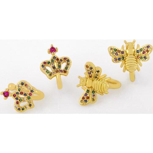 FLOLA Small Crown Clip On Earrings Multicolor Stackable C Shaped Bee Ear Cuffs Clips No Pierced Crystal Rainbow Jewelry ersu40