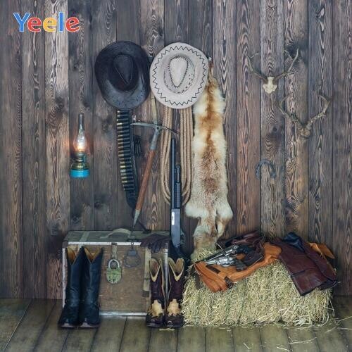 Western Cowboy Barn Hay Block Boots Hat Vintage Wood Floor Baby Backdrop Photography Backdrops Background For Photo Studio Shoot