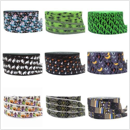 Halloween Witch Pumpkin Bat Skull Spider Web Ghost Print Fold Over Elastic FOE Ribbon Diy Gift Decoration Accessory 16mm 10Yard