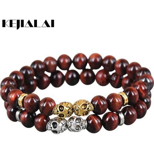 KEJIALAI 1pcs 2018 New Fashion 8mm Beads Bracelet Gold/Silver Color Skull Head Natural Red Tiger Eye Stone Beads Mens Bracelet