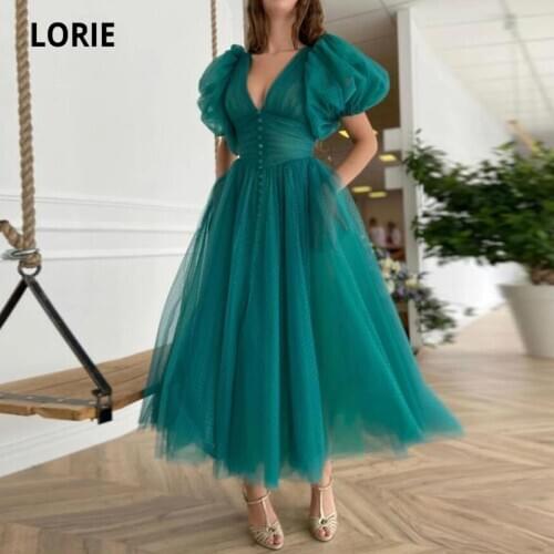 LORIE Vintage Prom Dresses Dotted Tulle Teal Green Tea Length Puff Sleeve Girl Party Dress Celebirty New Year Gown Graduation