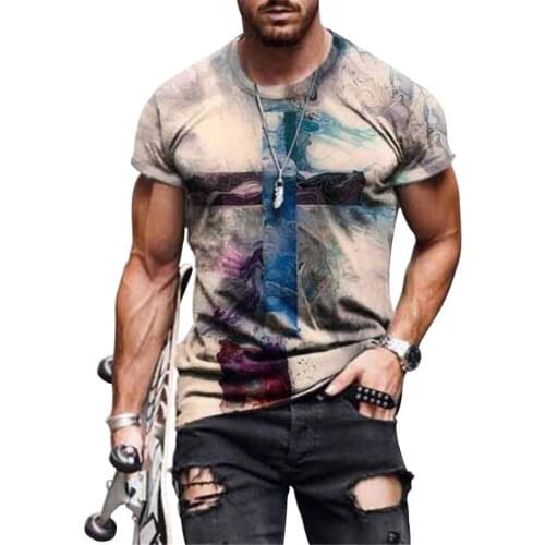 Mens T-shirt Vintage Short Sleeve T Shirts 2021 Summer New Fashion Harajuku Cross Printed O Collared Tshirts For Men
