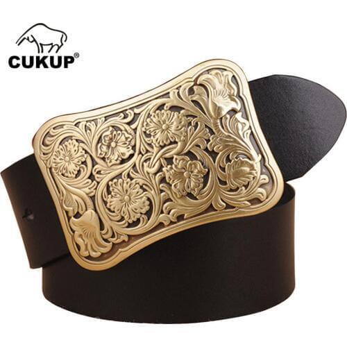 CUKUP Mens Fashion Brass Floral Pattern Smooth Buckles Metal Belts Cow Genuine Leather Belt for Men Accessory 3.8cm Wide NCK149