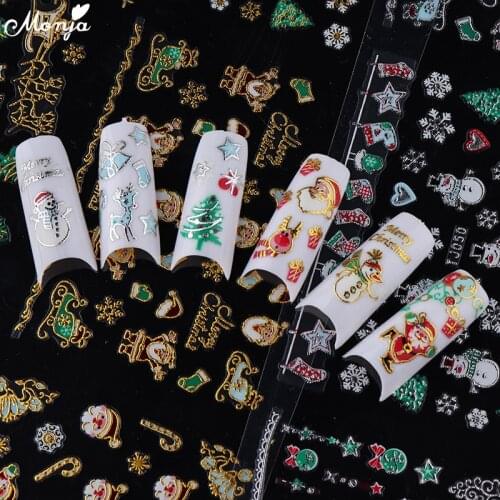 Monja 12Styles/Sheet Gold Silver Nail Art Christmas Self-Adhesive Sticker Winter Xmas Pattern 3D Nail Decals Manicure Decoration