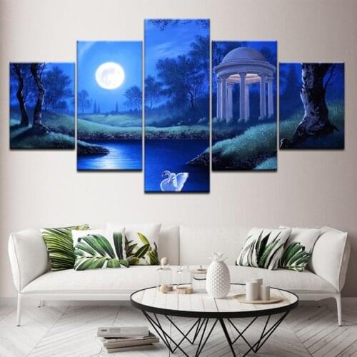 Fairy Tale World Beautiful Night Scene Wall Painting Abstract Bright Moon Swan Frameless Printing Canvas Home Decoration Poster