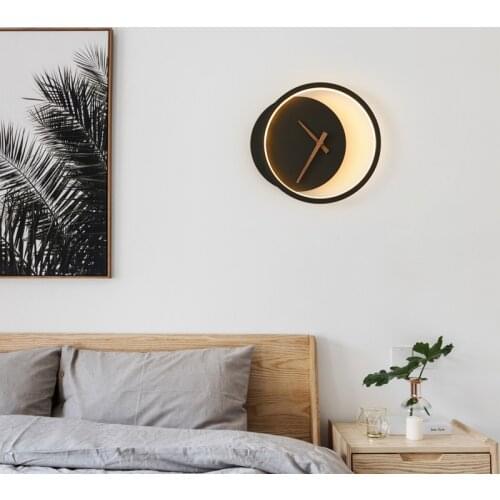 LED Wall Lamp With Clock Black/White Nordic Luxury Simple and Modern For Hotel Bedside Living Room Light Fixture