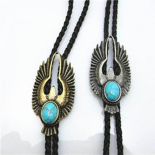Bolo Tie New Retro Shirt Chain Blue stone Flying Wings Bollow Collar Leather Necklace Long Tie Pendant