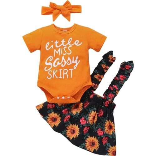 Baby Girls,Letters Print Short Sleeves Romper + Floral Suspenders Skirt + Headband