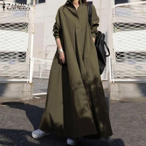 2021 Autumn Solid Shirt Dress ZANZEA Elegant Work Long Sundress Women Lapel Long Sleeve Vestido Female Robe Kaftan