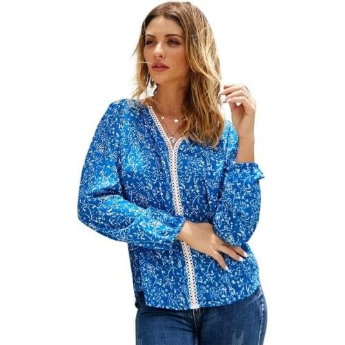 Autumn New Floral Long Sleeve Shirt Casual V-Neck Green Blue Orange and Pink Streetwear Womens Tops and Blouses